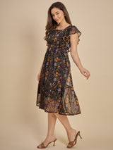 Black Floral Printed Fit & Flare Midi Dress