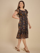 Black Floral Printed Fit & Flare Midi Dress