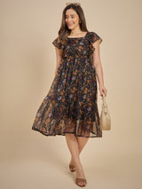Black Floral Printed Fit & Flare Midi Dress