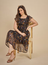 Black Floral Printed Fit & Flare Midi Dress