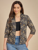 Women Black & Mustard Paisley Printed Open Front Shrug