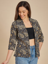 Women Black & Mustard Paisley Printed Open Front Shrug