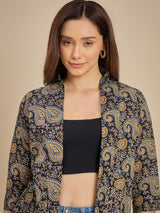 Women Black & Mustard Paisley Printed Open Front Shrug
