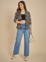 Women Black & Mustard Paisley Printed Open Front Shrug