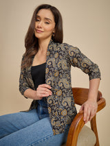 Women Black & Mustard Paisley Printed Open Front Shrug