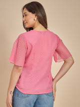 Women Pink Dobby Top with Lace Detail