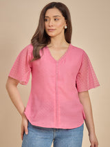 Women Pink Dobby Top with Lace Detail