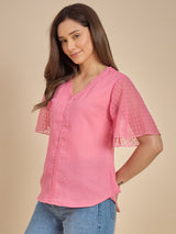 Women Pink Dobby Top with Lace Detail