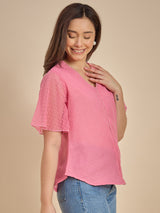 Women Pink Dobby Top with Lace Detail