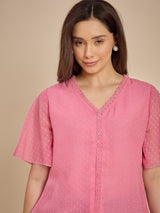 Women Pink Dobby Top with Lace Detail