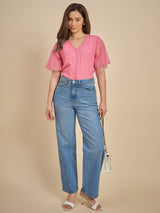 Women Pink Dobby Top with Lace Detail