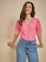 Women Pink Dobby Top with Lace Detail
