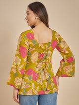 Women Mustard Yellow Floral Printed Tunic Top