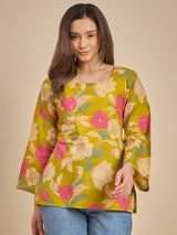 Women Mustard Yellow Floral Printed Tunic Top