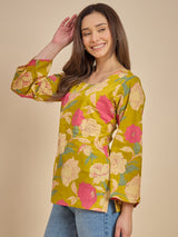 Women Mustard Yellow Floral Printed Tunic Top