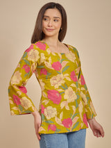 Women Mustard Yellow Floral Printed Tunic Top
