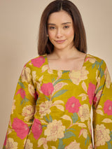 Women Mustard Yellow Floral Printed Tunic Top