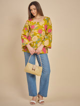 Women Mustard Yellow Floral Printed Tunic Top