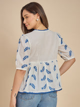 Women White & Blue Embroidered Peplum Top