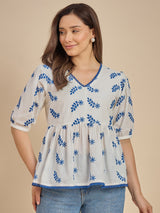 Women White & Blue Embroidered Peplum Top