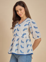 Women White & Blue Embroidered Peplum Top