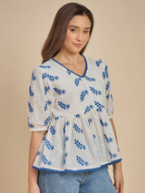 Women White & Blue Embroidered Peplum Top