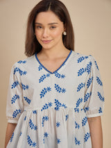 Women White & Blue Embroidered Peplum Top