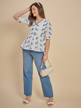 Women White & Blue Embroidered Peplum Top