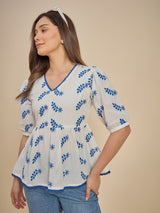 Women White & Blue Embroidered Peplum Top