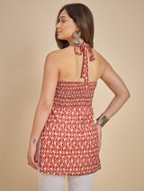 Orange & Cream Printed Sleeveless A-Line Kurti Top
