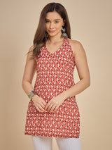 Orange & Cream Printed Sleeveless A-Line Kurti Top