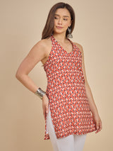 Orange & Cream Printed Sleeveless A-Line Kurti Top