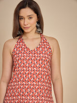 Orange & Cream Printed Sleeveless A-Line Kurti Top