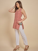 Orange & Cream Printed Sleeveless A-Line Kurti Top