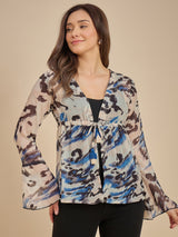 White & Blue Abstract Printed Sheer Tie-Up Top