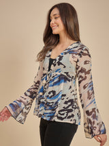 White & Blue Abstract Printed Sheer Tie-Up Top