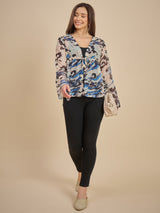 White & Blue Abstract Printed Sheer Tie-Up Top