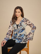 White & Blue Abstract Printed Sheer Tie-Up Top