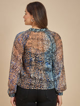 Blue & Brown Abstract Printed Sheer Top with Mandarin Collar