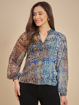 Blue & Brown Abstract Printed Sheer Top with Mandarin Collar