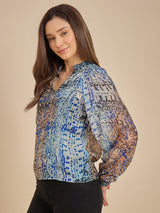 Blue & Brown Abstract Printed Sheer Top with Mandarin Collar