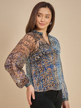 Blue & Brown Abstract Printed Sheer Top with Mandarin Collar