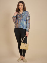 Blue & Brown Abstract Printed Sheer Top with Mandarin Collar