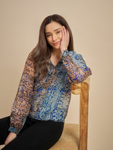 Blue & Brown Abstract Printed Sheer Top with Mandarin Collar