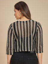 Women Black & off white Striped Crop Open Front Shrug