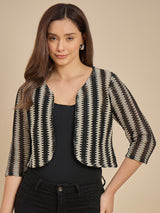 Women Black & off white Striped Crop Open Front Shrug