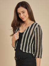 Women Black & off white Striped Crop Open Front Shrug