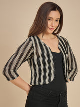 Women Black & off white Striped Crop Open Front Shrug