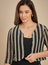 Women Black & off white Striped Crop Open Front Shrug