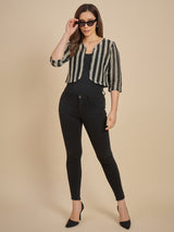 Women Black & off white Striped Crop Open Front Shrug